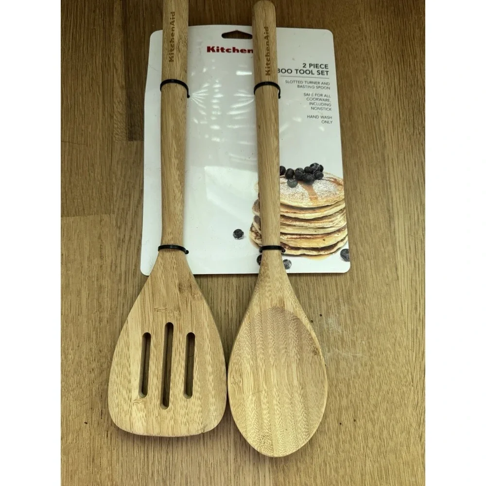 New KitchenAid Bamboo Short Turner Lifter Salad Tong Spoon Set 2 piece tool set